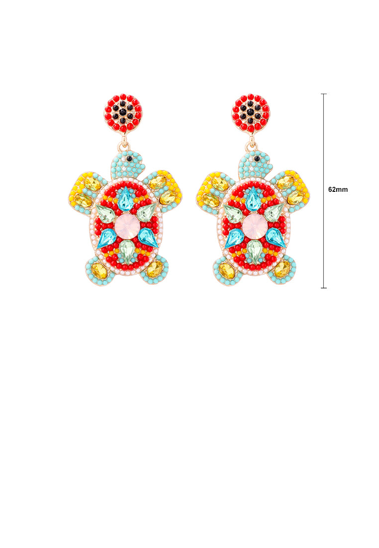 Fashion Cute Plated Gold Turtle Red Ball Earrings with Cubic Zirconia - Luxurious Look - Vibrant Color