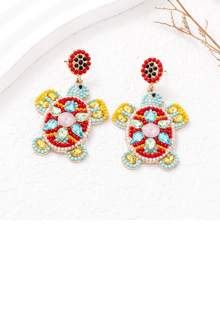 Fashion Cute Plated Gold Turtle Red Ball Earrings with Cubic Zirconia - Luxurious Look - Vibrant Color