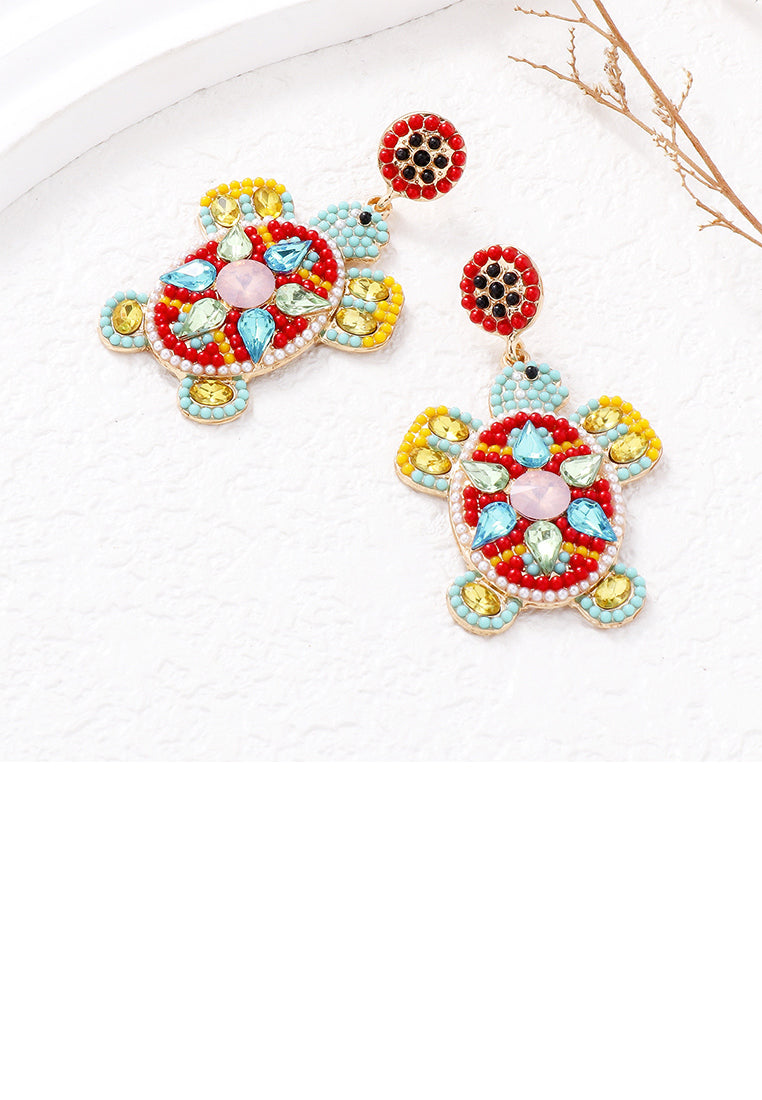 Fashion Cute Plated Gold Turtle Red Ball Earrings with Cubic Zirconia - Luxurious Look - Vibrant Color