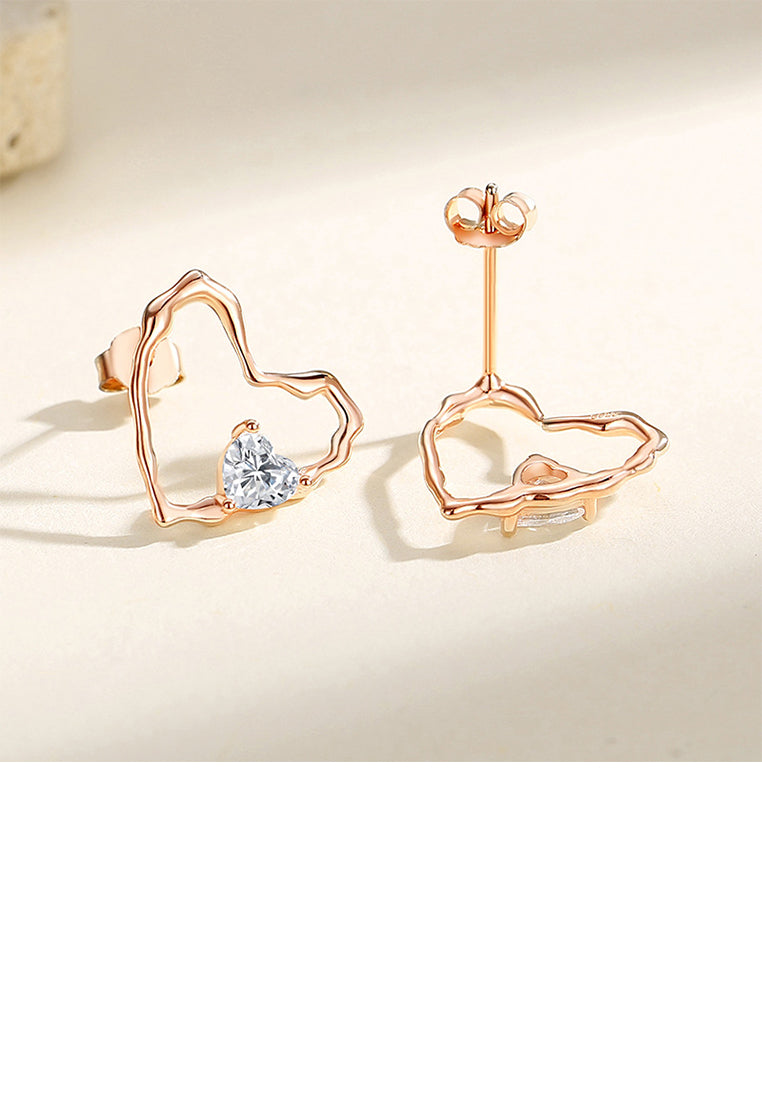 925 Sterling Silver Plated Rose Gold Simple and Fashion Hollow Irregular Heart-shaped Stud Earrings with Cubic Zirconia - Luxurious Look