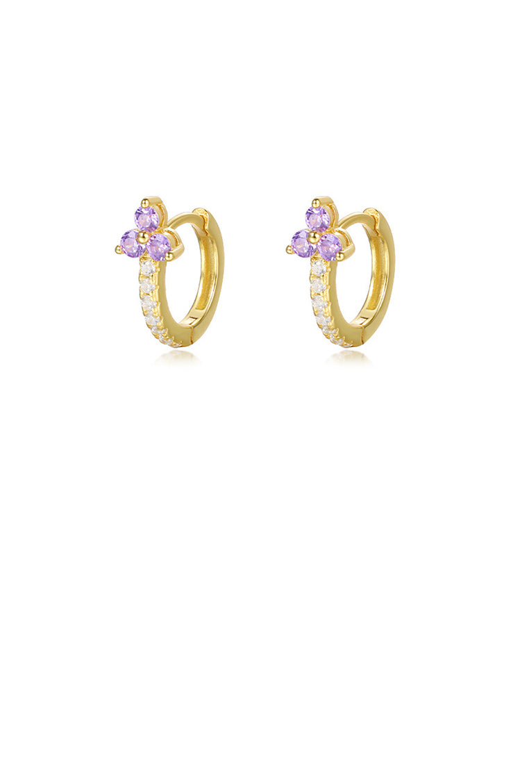 925 Sterling Silver Plated Gold Simple Cute Three-leafed Clover Geometric Earrings with Purple Cubic Zirconia - Luxurious Look
