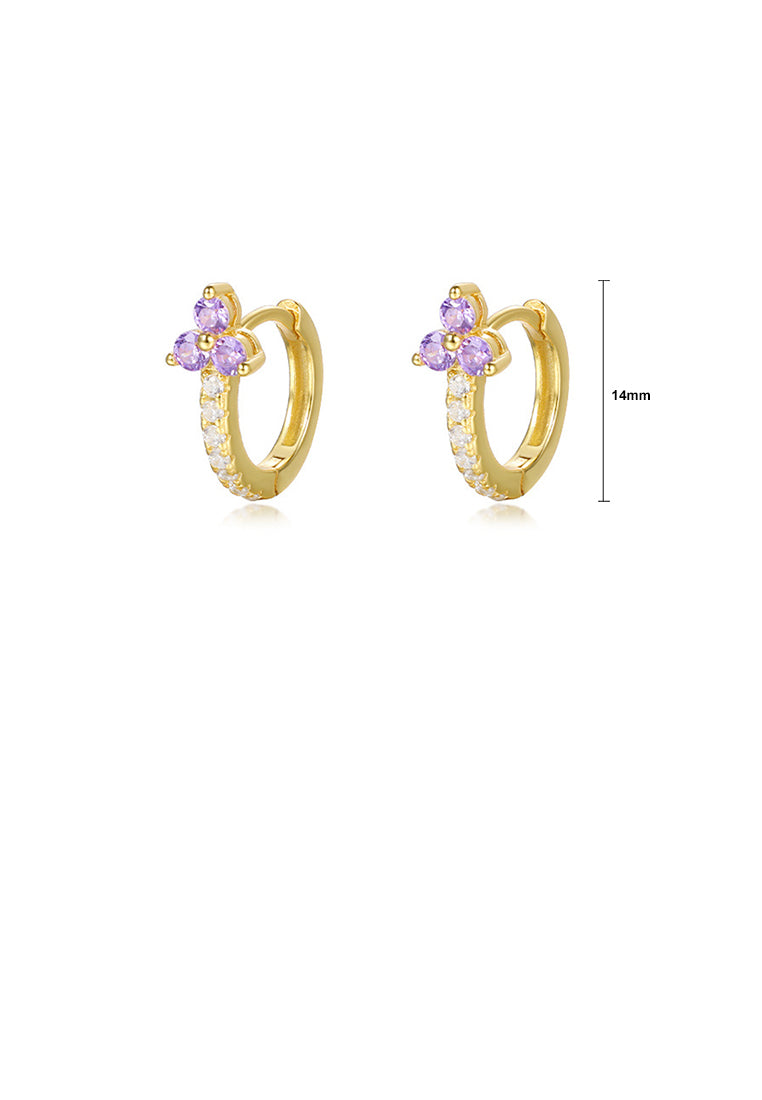 925 Sterling Silver Plated Gold Simple Cute Three-leafed Clover Geometric Earrings with Purple Cubic Zirconia - Luxurious Look