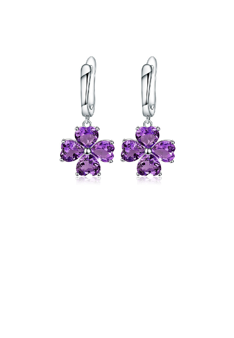 925 Sterling Silver Fashion Temperament Four- Leafed Clover Amethyst Earrings