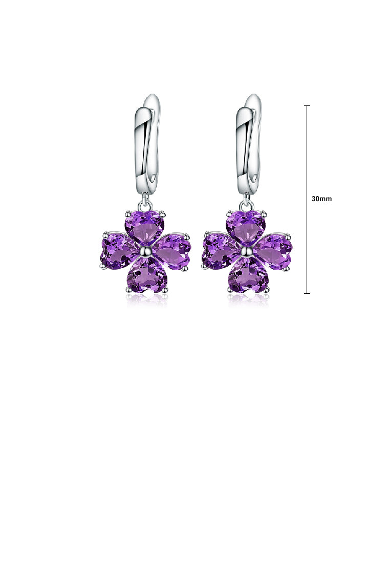 925 Sterling Silver Fashion Temperament Four- Leafed Clover Amethyst Earrings