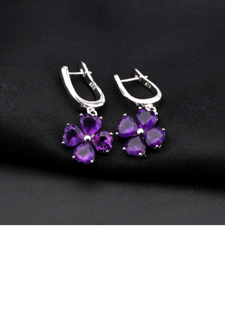 925 Sterling Silver Fashion Temperament Four- Leafed Clover Amethyst Earrings