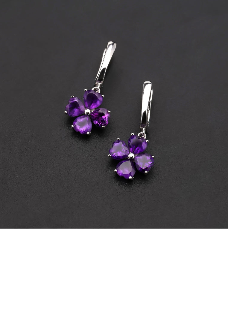 925 Sterling Silver Fashion Temperament Four- Leafed Clover Amethyst Earrings