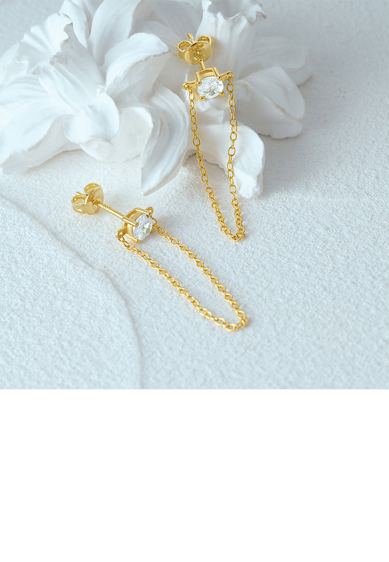 925 Sterling Silver Plated Gold Simple and Fashion Geometric Round Cubic Zirconia Tassel Stud Earrings - Luxurious Look