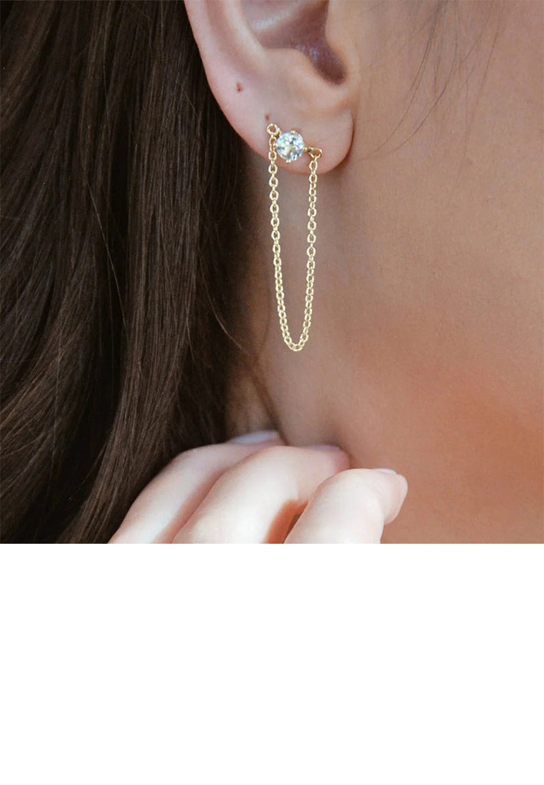 925 Sterling Silver Plated Gold Simple and Fashion Geometric Round Cubic Zirconia Tassel Stud Earrings - Luxurious Look