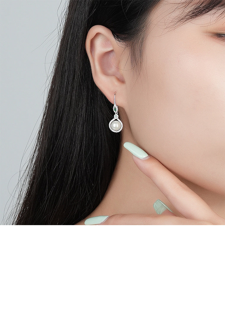 925 Sterling Silver Fashion Elegant Geometric Imitation Pearl Earrings with Cubic Zirconia - Luxurious Look