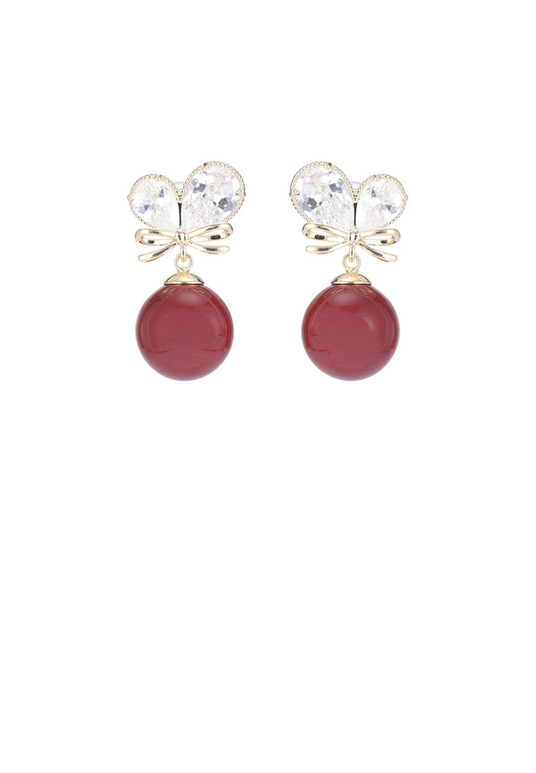 Fashion Sweet Plated Gold Ribbon Red Ball Earrings with Cubic Zirconia - Luxurious Look - Vibrant Color