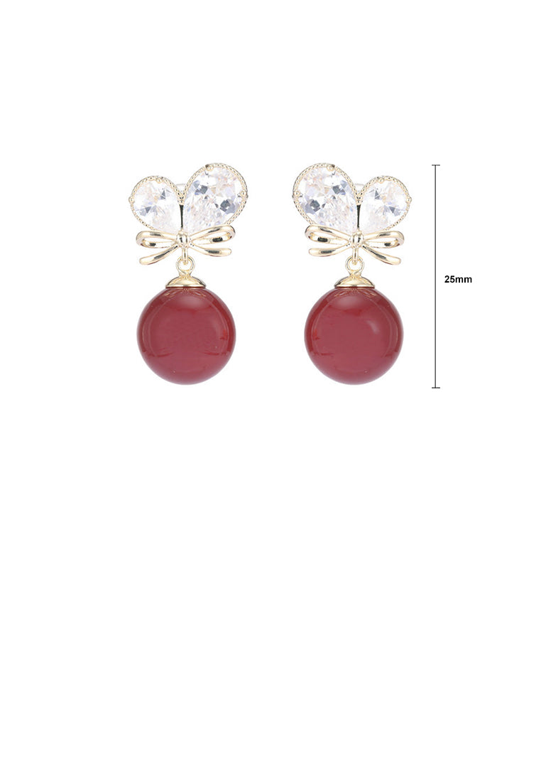 Fashion Sweet Plated Gold Ribbon Red Ball Earrings with Cubic Zirconia - Luxurious Look - Vibrant Color