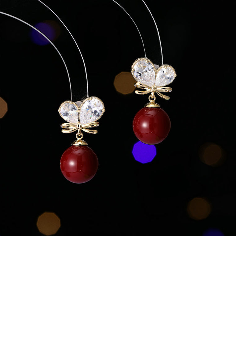 Fashion Sweet Plated Gold Ribbon Red Ball Earrings with Cubic Zirconia - Luxurious Look - Vibrant Color