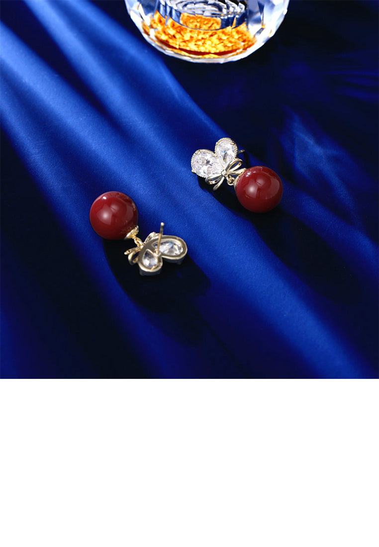 Fashion Sweet Plated Gold Ribbon Red Ball Earrings with Cubic Zirconia - Luxurious Look - Vibrant Color