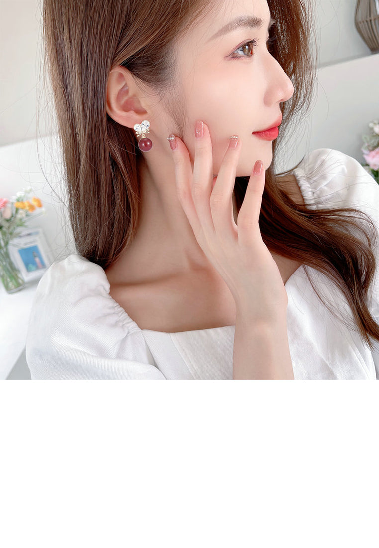 Fashion Sweet Plated Gold Ribbon Red Ball Earrings with Cubic Zirconia - Luxurious Look - Vibrant Color