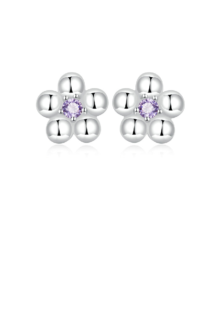 925 Sterling Silver Simple and Lovely Flower Stud Earrings with Purple Cubic Zirconia - Luxurious Look