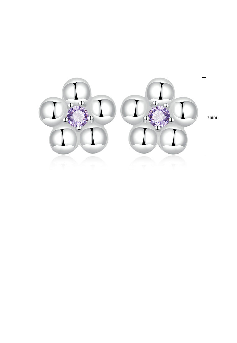925 Sterling Silver Simple and Lovely Flower Stud Earrings with Purple Cubic Zirconia - Luxurious Look