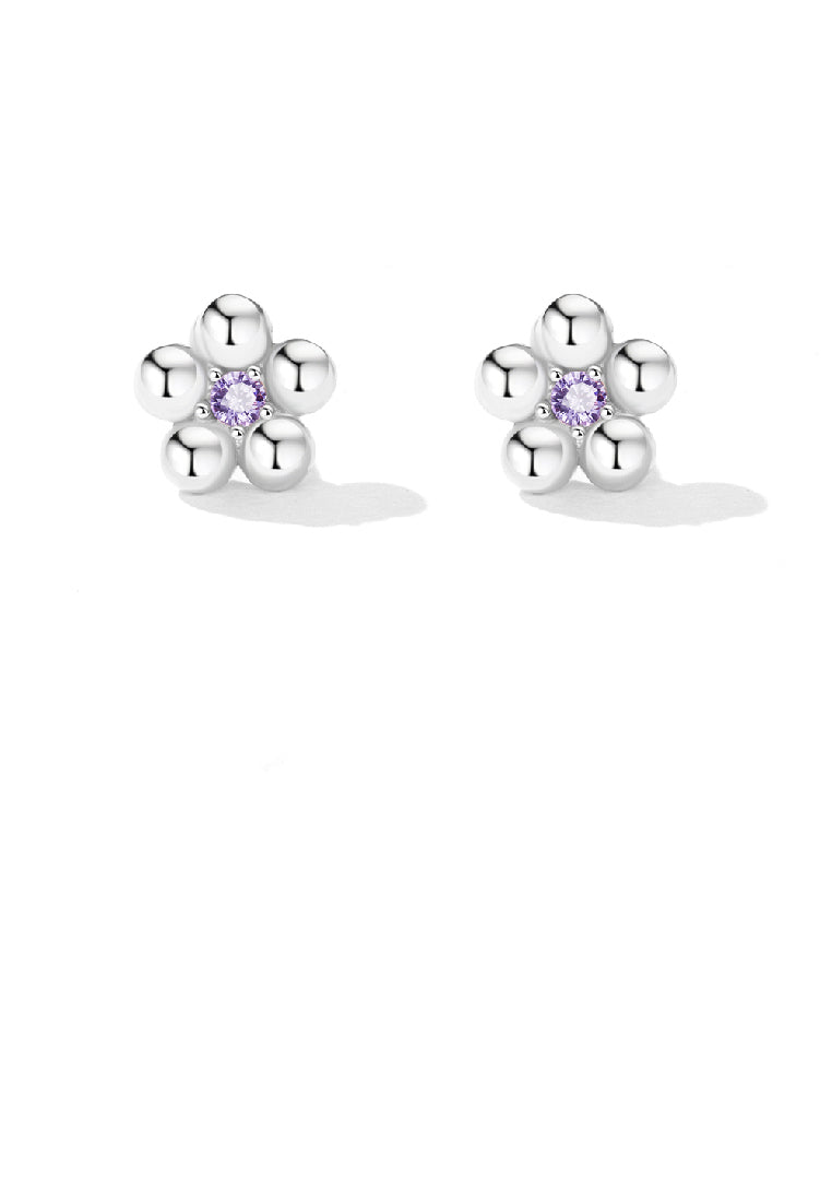 925 Sterling Silver Simple and Lovely Flower Stud Earrings with Purple Cubic Zirconia - Luxurious Look