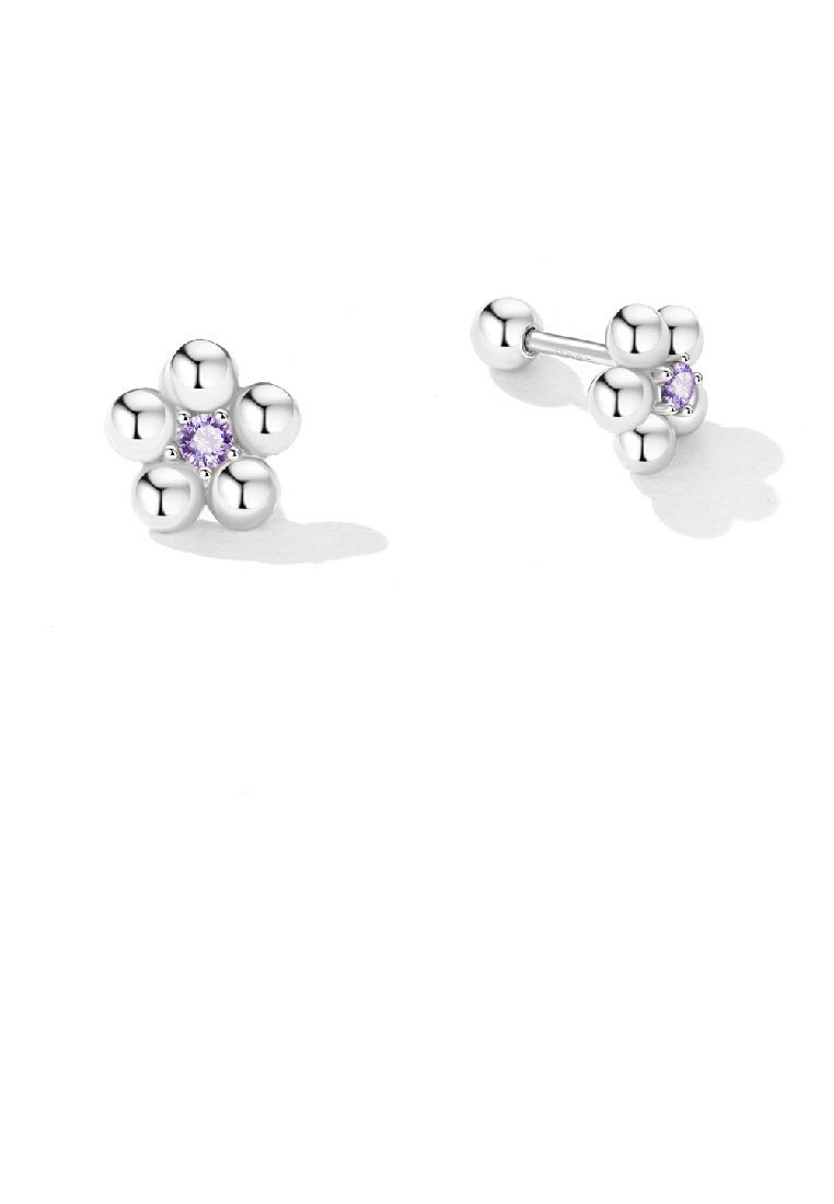925 Sterling Silver Simple and Lovely Flower Stud Earrings with Purple Cubic Zirconia - Luxurious Look