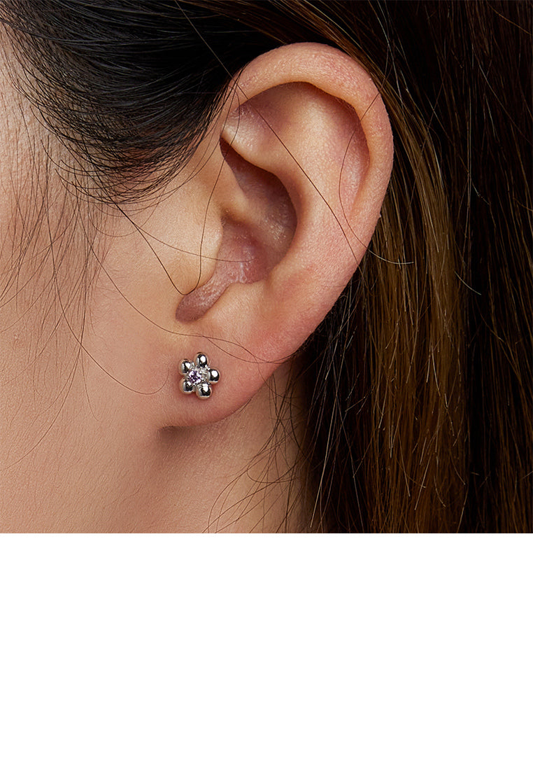 925 Sterling Silver Simple and Lovely Flower Stud Earrings with Purple Cubic Zirconia - Luxurious Look
