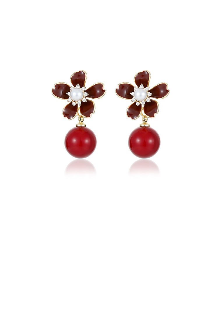 Fashion Temperament Plated Gold Floral Red Imitation Pearl Earrings with Cubic Zirconia - Luxurious Look - Vibrant Color