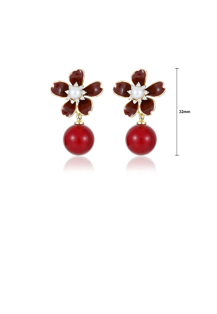 Fashion Temperament Plated Gold Floral Red Imitation Pearl Earrings with Cubic Zirconia - Luxurious Look - Vibrant Color