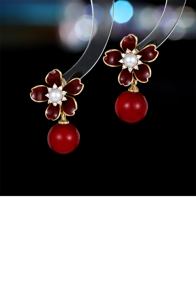 Fashion Temperament Plated Gold Floral Red Imitation Pearl Earrings with Cubic Zirconia - Luxurious Look - Vibrant Color