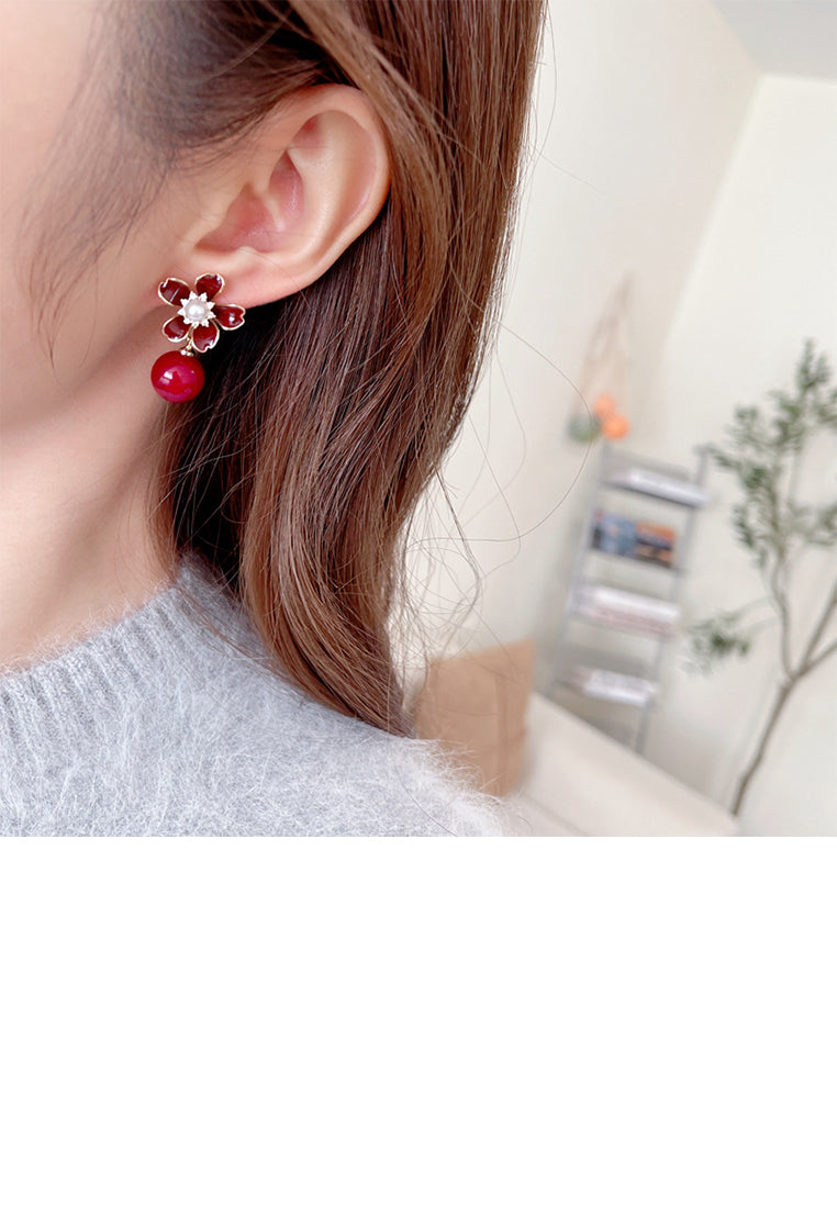 Fashion Temperament Plated Gold Floral Red Imitation Pearl Earrings with Cubic Zirconia - Luxurious Look - Vibrant Color
