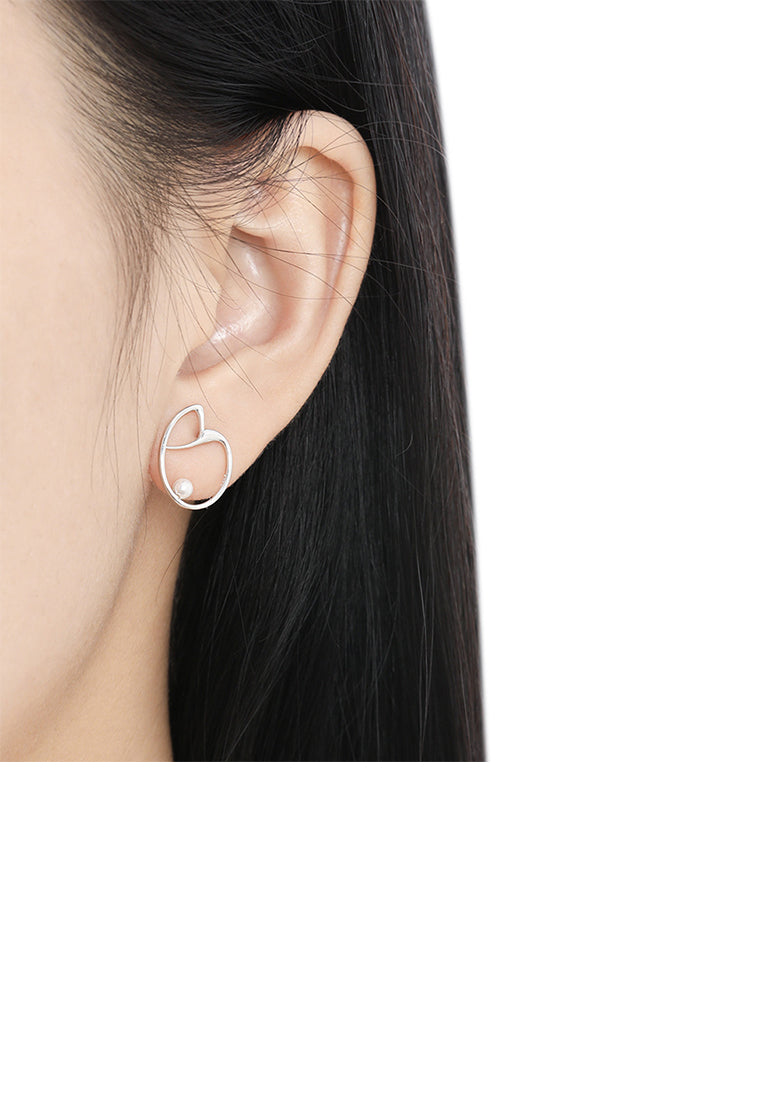 925 Sterling Silver Simple and Fashion Hollow Irregular Heart-shaped Stud Earrings with Imitation Pearls