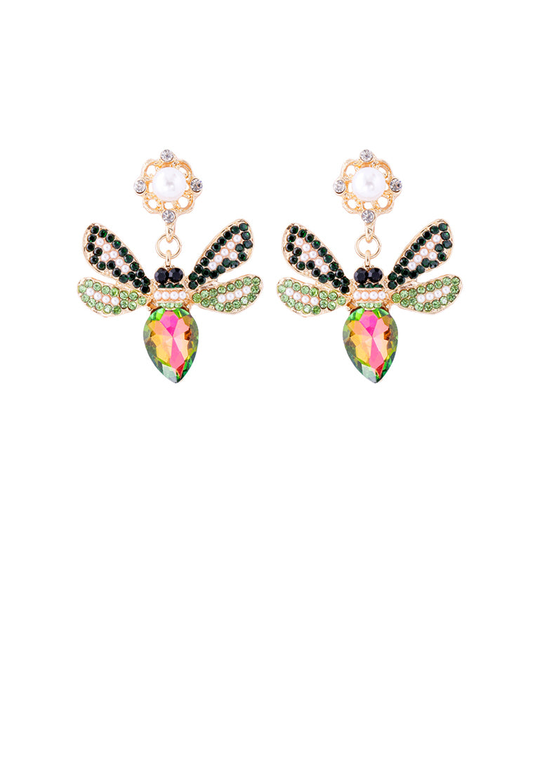 Brilliant Lovely Plated Gold Bee Imitation Pearl Earrings with Green Cubic Zirconia - Luxurious Look