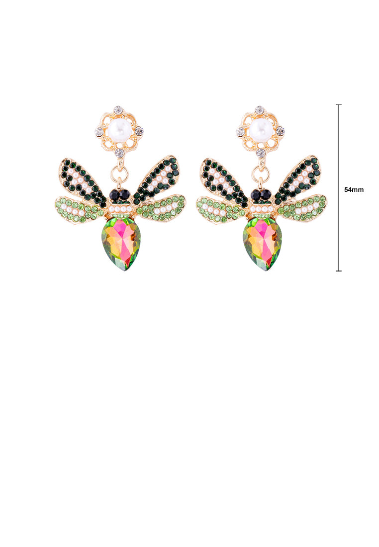 Brilliant Lovely Plated Gold Bee Imitation Pearl Earrings with Green Cubic Zirconia - Luxurious Look