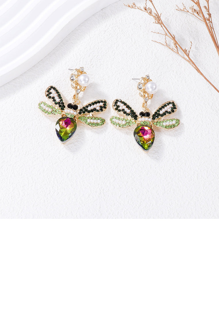 Brilliant Lovely Plated Gold Bee Imitation Pearl Earrings with Green Cubic Zirconia - Luxurious Look