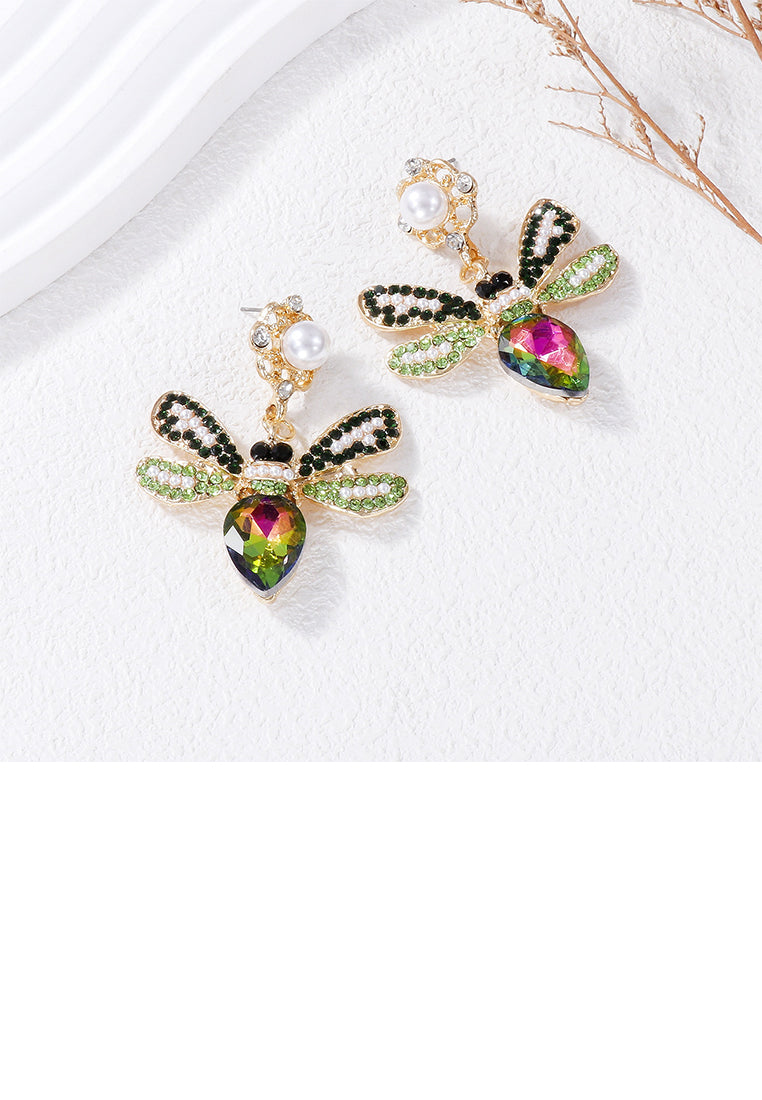 Brilliant Lovely Plated Gold Bee Imitation Pearl Earrings with Green Cubic Zirconia - Luxurious Look