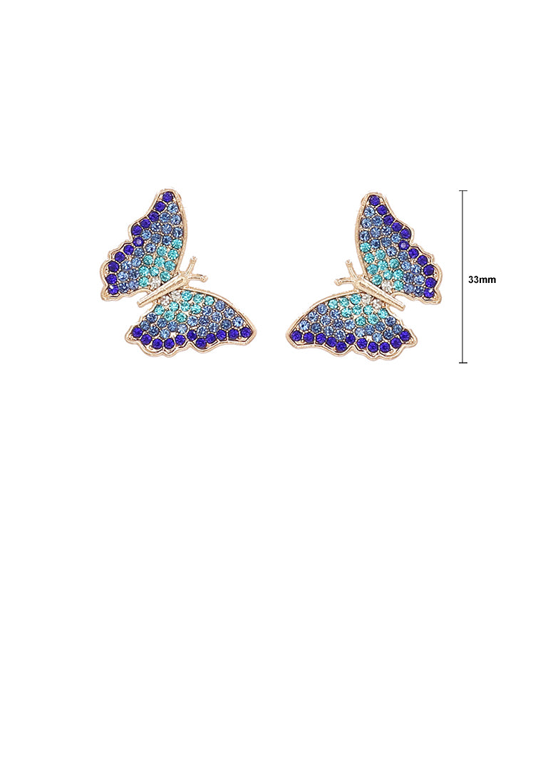 Brilliant Cute Plated Gold Butterfly Stud Earrings with Blue Cubic Zirconia - Luxurious Look