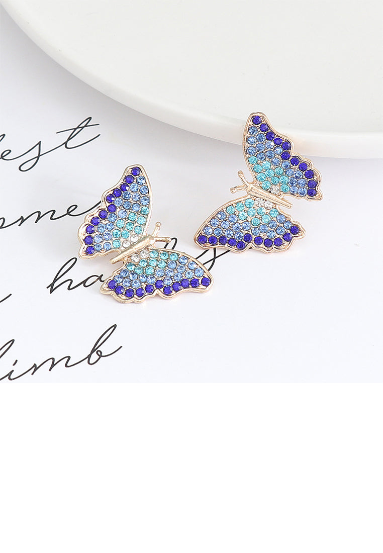 Brilliant Cute Plated Gold Butterfly Stud Earrings with Blue Cubic Zirconia - Luxurious Look