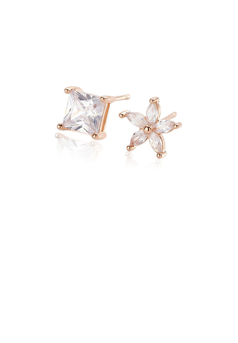 925 Sterling Silver Plated Rose Gold Simple Sweet Flower Square Asymmetrical Stud Earrings with Cubic Zirconia - Luxurious Look