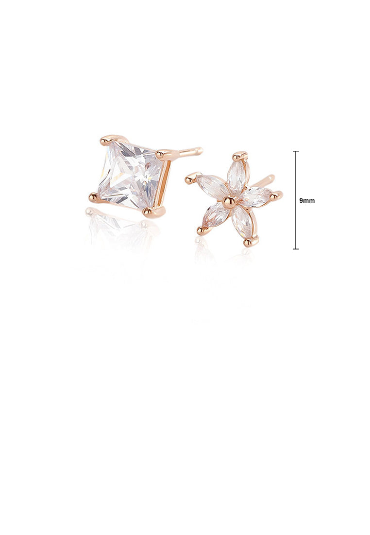 925 Sterling Silver Plated Rose Gold Simple Sweet Flower Square Asymmetrical Stud Earrings with Cubic Zirconia - Luxurious Look