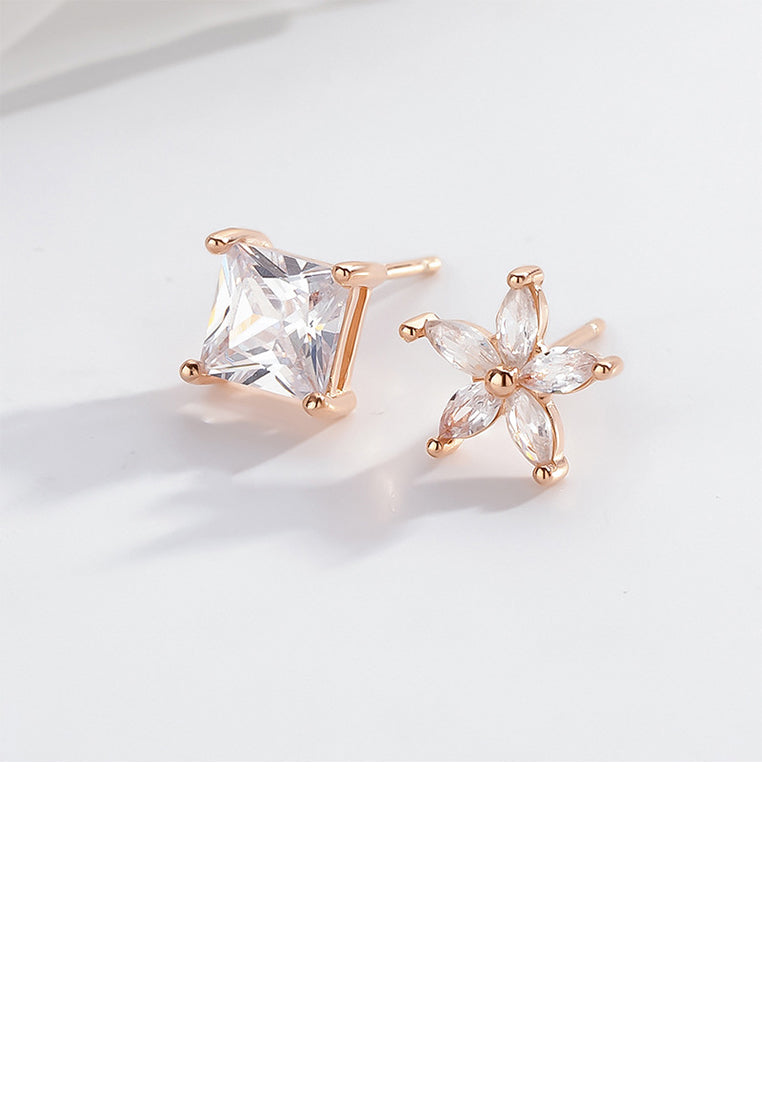 925 Sterling Silver Plated Rose Gold Simple Sweet Flower Square Asymmetrical Stud Earrings with Cubic Zirconia - Luxurious Look