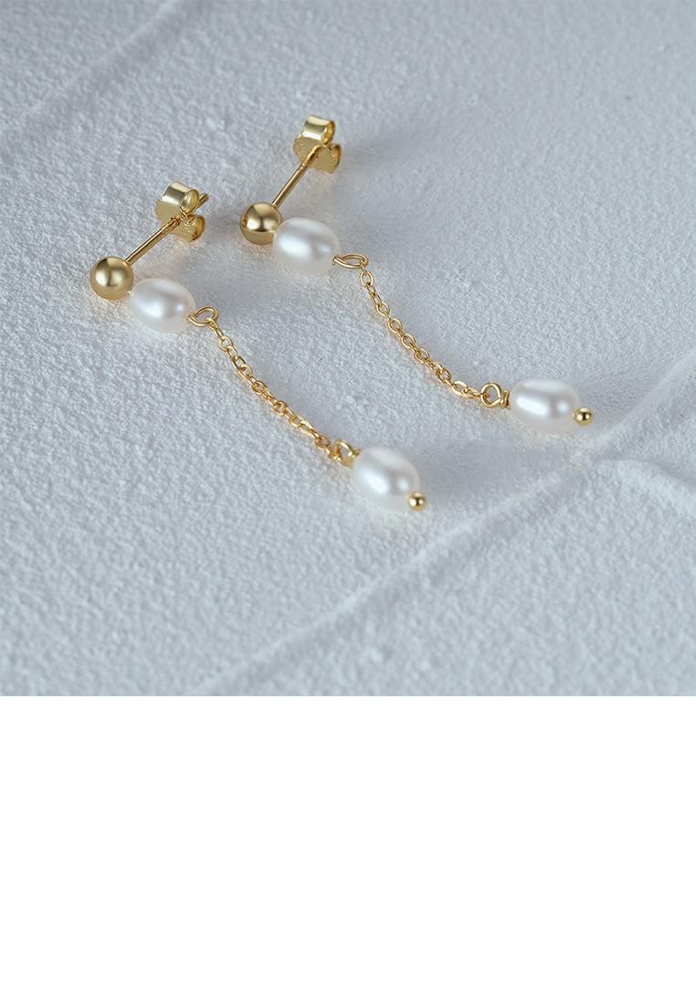 925 Sterling Silver Plated Gold Simple and Elegant Geometric Imitation Pearl Tassel Earrings - Luxurious Look