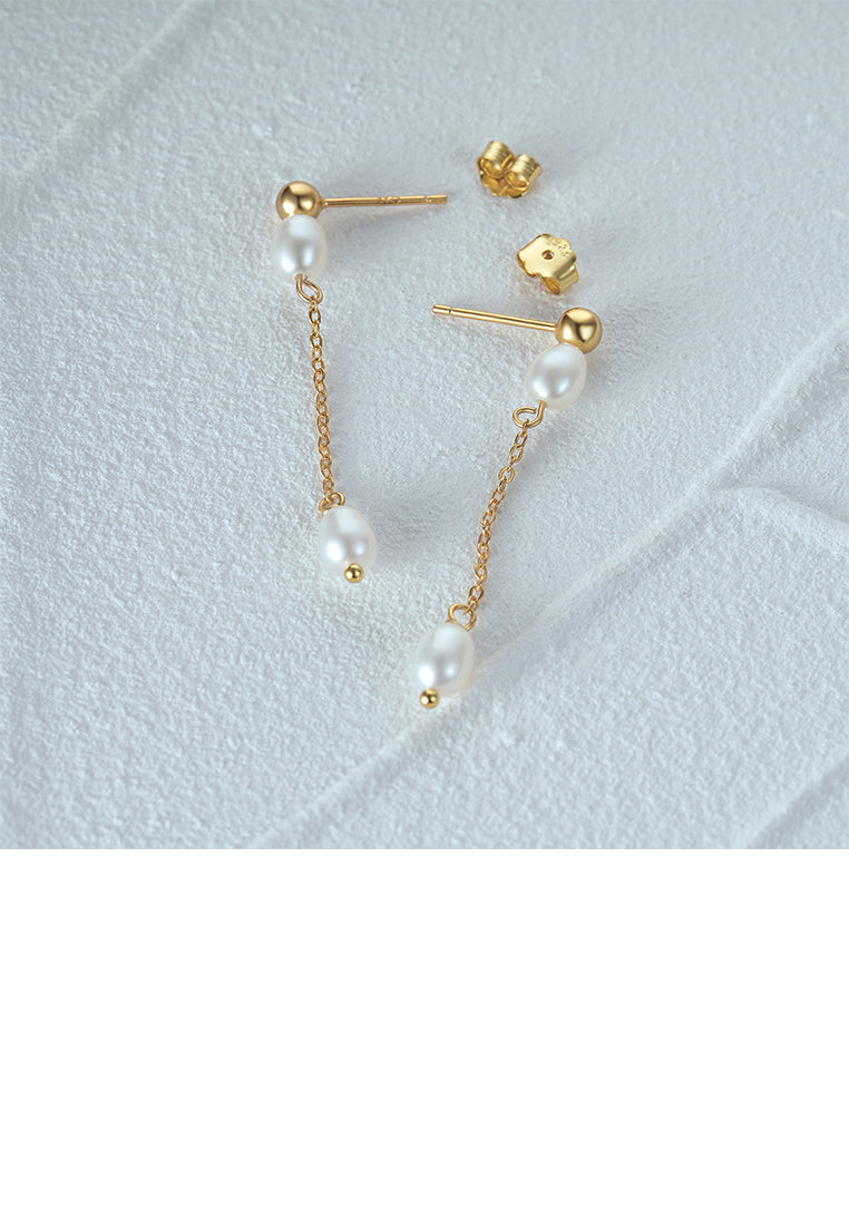 925 Sterling Silver Plated Gold Simple and Elegant Geometric Imitation Pearl Tassel Earrings - Luxurious Look