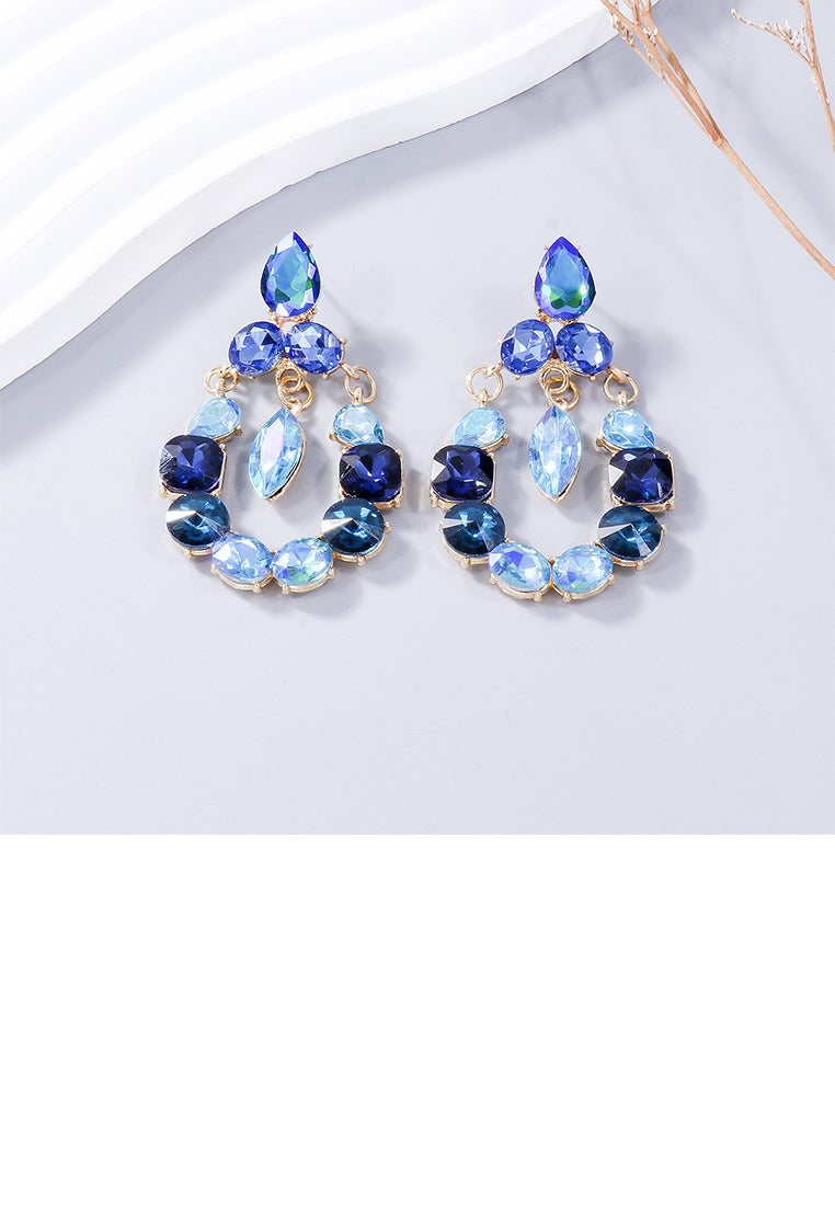 Fashion Plated Gold Hollow Water Drop Geometric Earrings with Blue Cubic Zirconia - Luxurious Look