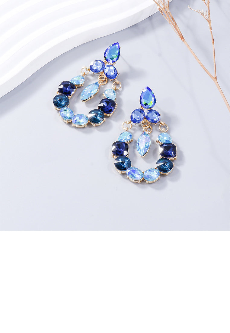 Fashion Plated Gold Hollow Water Drop Geometric Earrings with Blue Cubic Zirconia - Luxurious Look