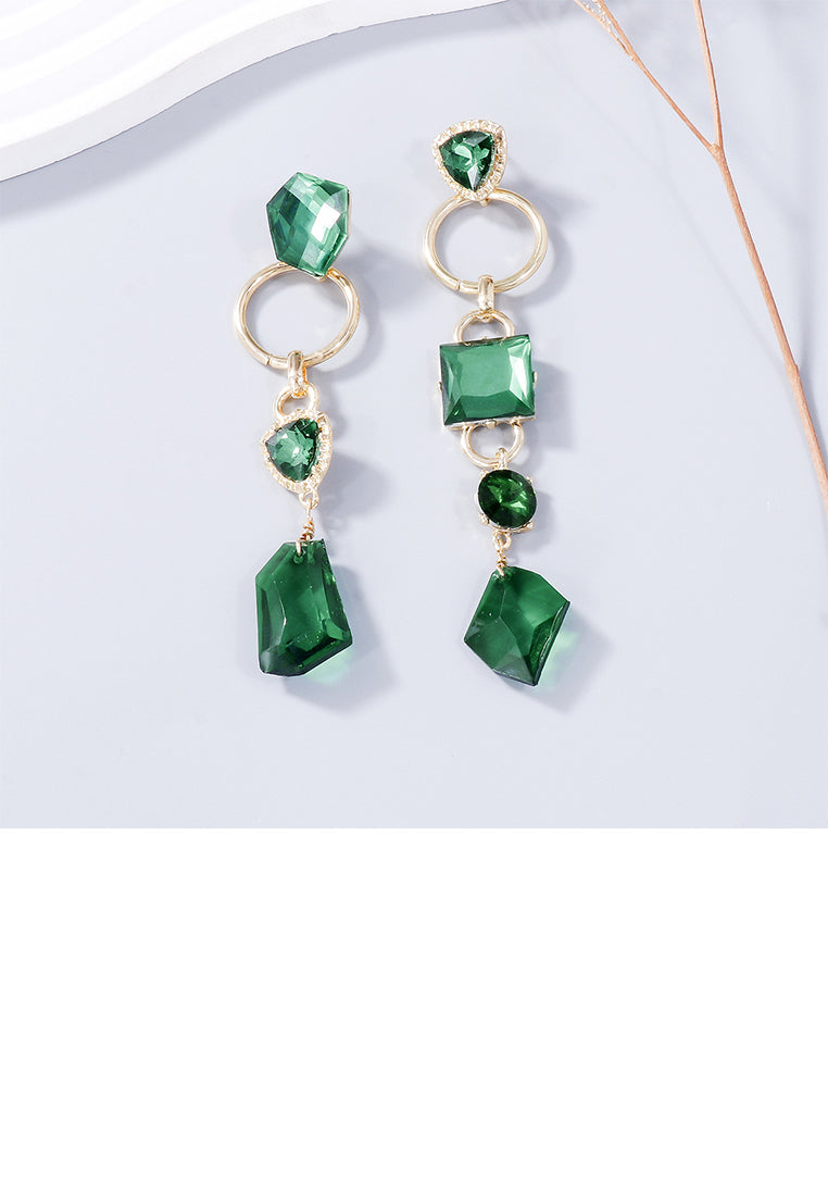 Fashion Temperament Plated Gold Irregular Geometric Green Cubic Zirconia Tassel Asymmetric Earrings - Luxurious Look