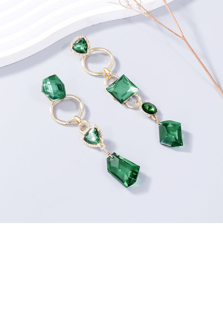 Fashion Temperament Plated Gold Irregular Geometric Green Cubic Zirconia Tassel Asymmetric Earrings - Luxurious Look