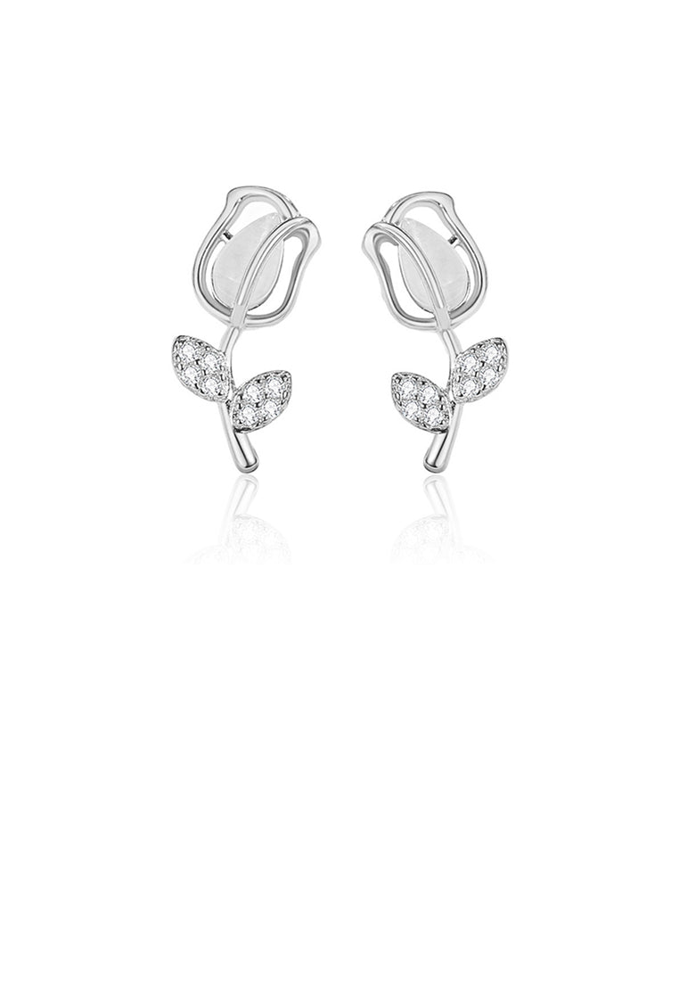 925 Sterling Silver Simple and Fashion Tulip Imitation Cats Eye Stud Earrings with Cubic Zirconia - Luxurious Look