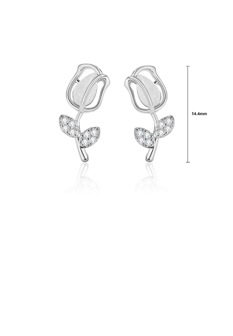 925 Sterling Silver Simple and Fashion Tulip Imitation Cats Eye Stud Earrings with Cubic Zirconia - Luxurious Look