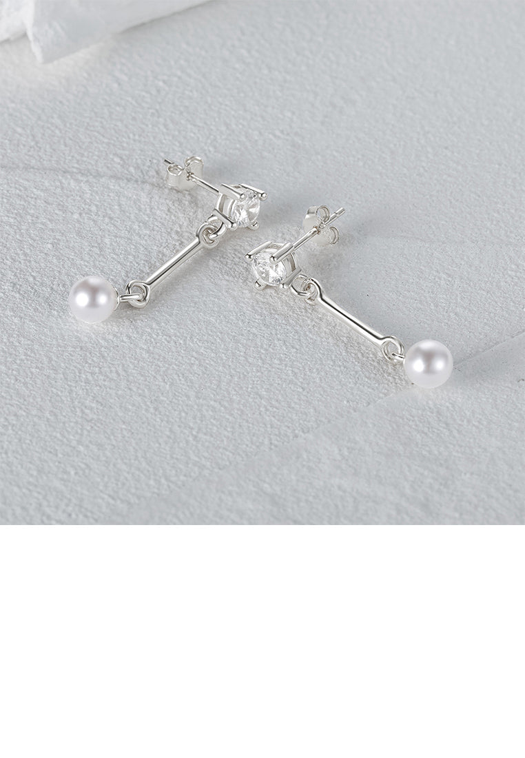 925 Sterling Silver Simple Temperament Geometric Tassel Imitation Pearl Earrings with Cubic Zirconia - Luxurious Look