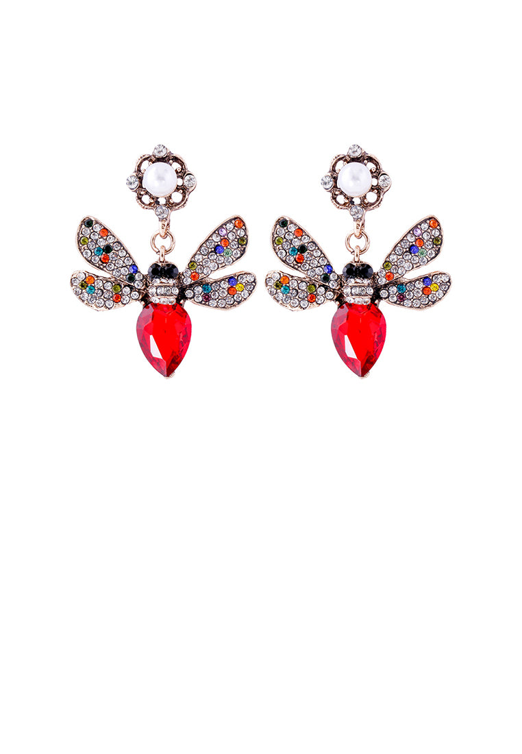 Brilliant Lovely Plated Gold Bee Imitation Pearl Earrings with Red Cubic Zirconia - Luxurious Look - Vibrant Color