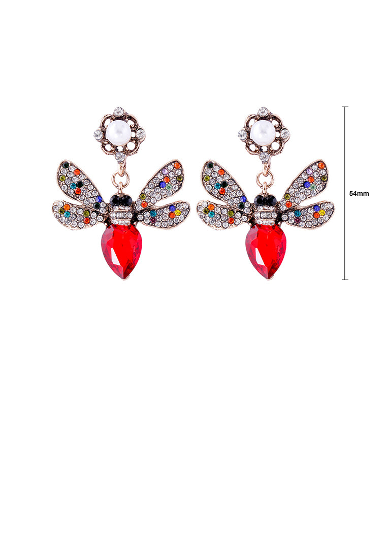 Brilliant Lovely Plated Gold Bee Imitation Pearl Earrings with Red Cubic Zirconia - Luxurious Look - Vibrant Color