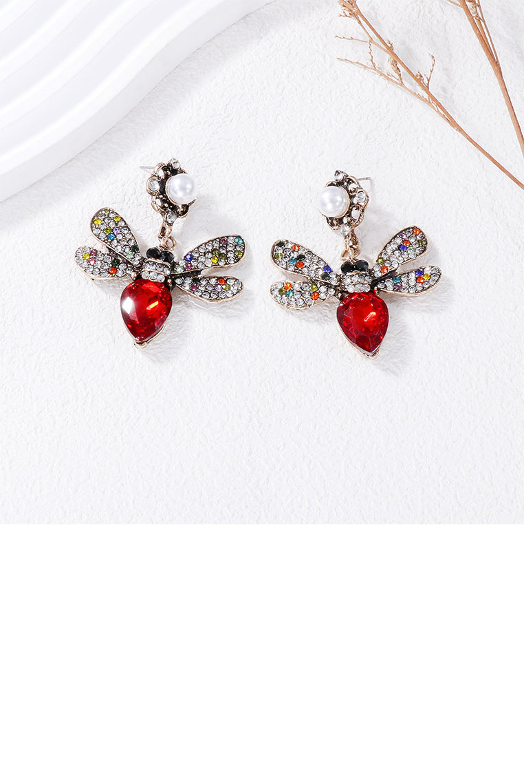 Brilliant Lovely Plated Gold Bee Imitation Pearl Earrings with Red Cubic Zirconia - Luxurious Look - Vibrant Color
