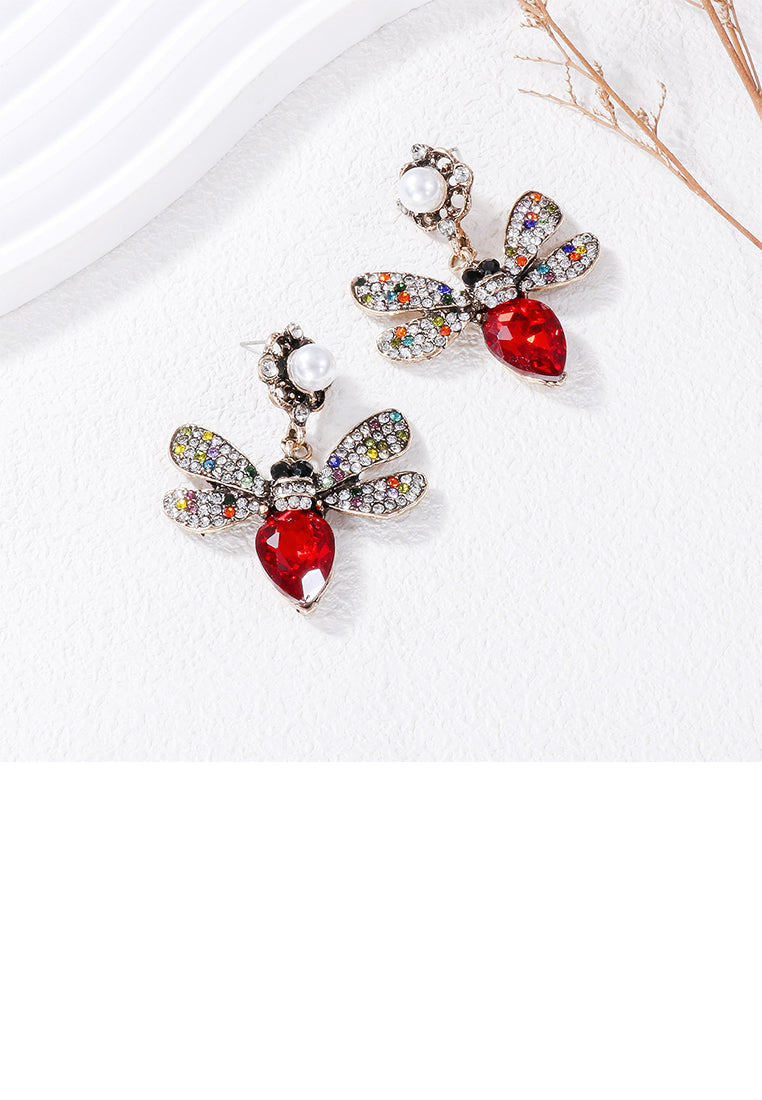 Brilliant Lovely Plated Gold Bee Imitation Pearl Earrings with Red Cubic Zirconia - Luxurious Look - Vibrant Color